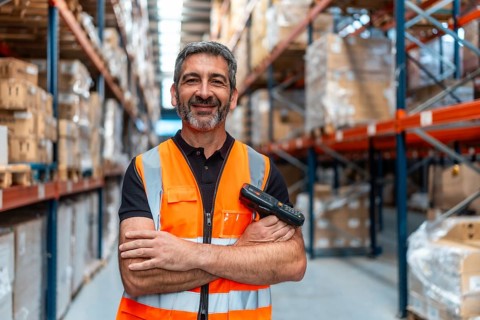 Logistics worker in safety vest stands confidently with arms folded and barcode scanner in hand,