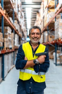 Experienced warehouse professional in a high visibility vest, smiling confidently with folded arms