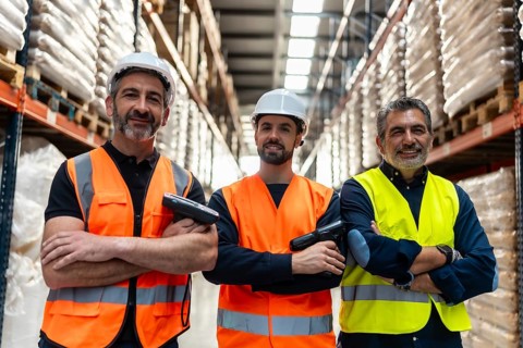 Three smiling male workers wearing hard hats and safety vests standing with arms crossed and