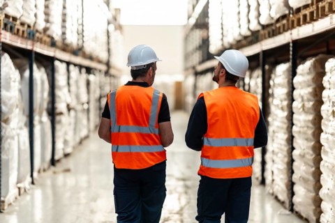Warehouse workers wearing hard hats and high visibility vests are walking through aisles of stacked