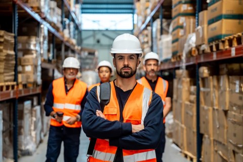 Warehouse supervisor in hard hat and safety vest stands with arms crossed, leading a diverse team