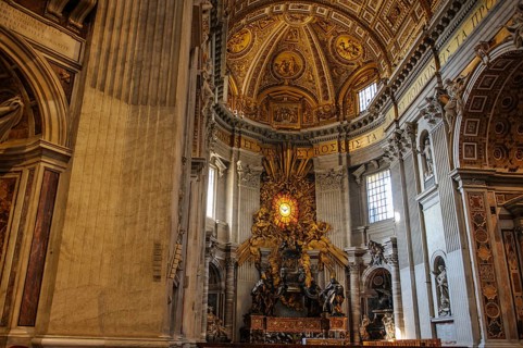 View of the main apse of St. Peter's Basilica with stylized larger-than-life bronze throne