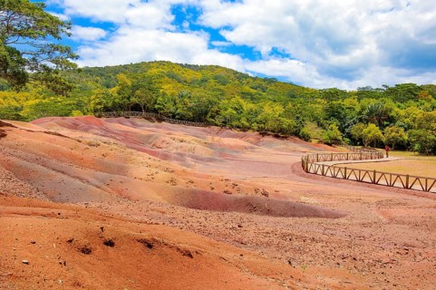 View of hills with rare colored seven-colored earths from Chamarel, right circular trail for