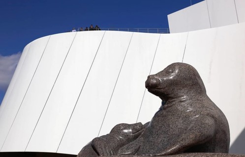 Seal, statue in front of the Ozeaneum, Stralsund Maritime Museum, Museum of Oceanography and