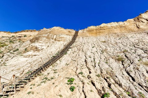 Extremely steep wooden staircase, steep coast down to the natural beach of the North Sea,