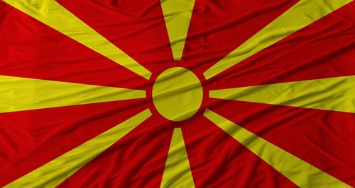 Macedonian flag waving. Flag of North Macedonia with cloth texture