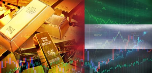 Gold bars stacked on Emirati flag. United Arab Emirates gold reserves, Concept
