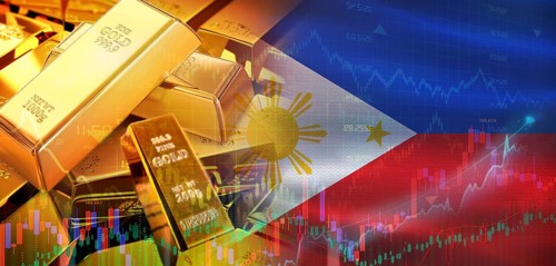Gold bars stacked on Filipino flag. Philippines gold reserves, Concept