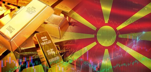 Gold bars stacked on Macedonian flag. North Macedonia gold reserves, Concept