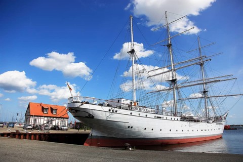 Gorch Fock, a sailing school ship rigged as a bark in the harbor, Stralsund, Vorpommern-Rügen