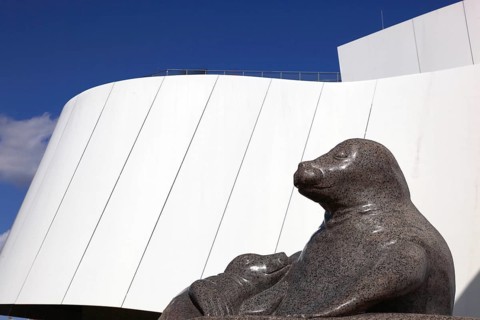 Seal, statue in front of the Ozeaneum, Stralsund Maritime Museum, Museum of Oceanography and