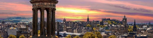 The Old and New Towns of Edinburgh panoramic skyline city view from Calton Hill. A Unesco site