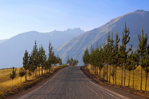 Sacred Valley Valle Sagrado scenic Andes mountains at sunset in Cusco, Peru