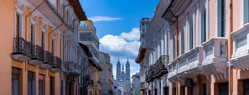 Old Town in Quito, Ecuador. Colonial colorful scenic historic city center streets