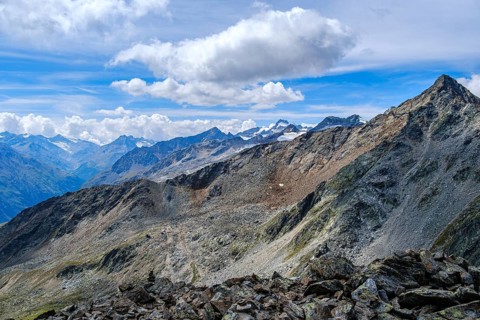 Scenic view from Gaislachkogel over the Ötztal Alps and down into the Ötztal near Sölden, Tyrol,