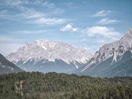 View of the Zugspitze massif in the Wetterstein Mountains of the Alps in Germany and Austria from