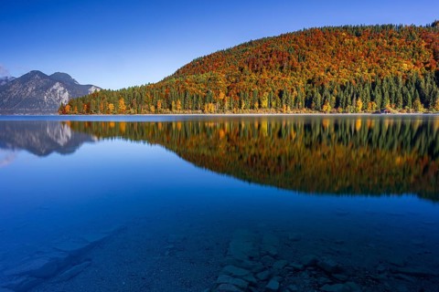 Mountain lake, mountains, morning light, reflection, autumn, autumn color, forest, shore,