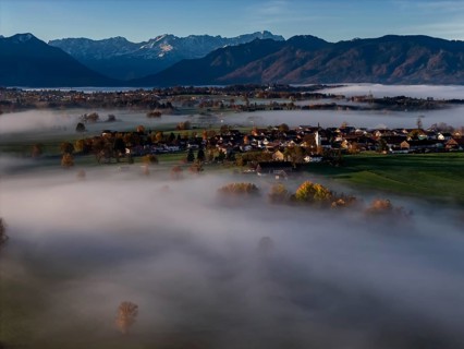 Village, mountains, sunny, morning light, autumn color, fog, aerial view, Hofheim, view of