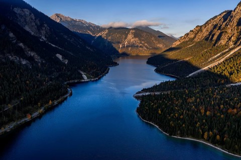 Mountain lake, mountains, autumn color, aerial view, evening light, Plansee, Tyrol, Austria