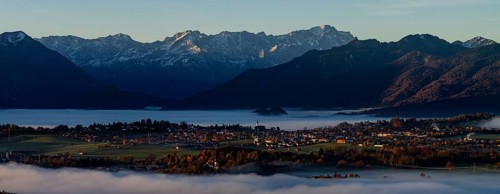 City, church, mountains, sunny, morning light, autumn, autumn color, fog, aerial view, panorama,