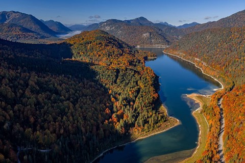 Mountain lake, mountains, sunny, morning light, autumn, autumn color, forest, aerial view,
