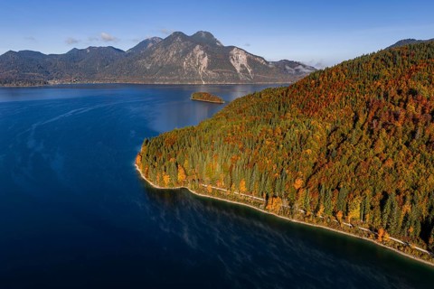Mountain lake, mountains, sunny, morning light, autumn, autumn color, forest, aerial view,