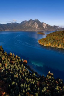 Mountain lake, mountains, sunny, morning light, autumn, autumn color, forest, aerial view,