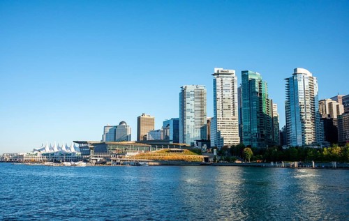Skyline, skyscrapers on the promenade, Coal Harbour, Vancouver, British Columbia, Canada