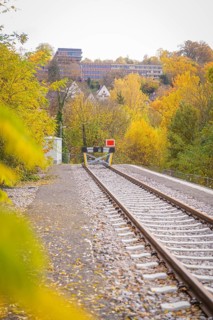 Railway tracks in autumn with yellow trees and hills, ZOB Calw, Hermann Hessebahn, Calw, Germany