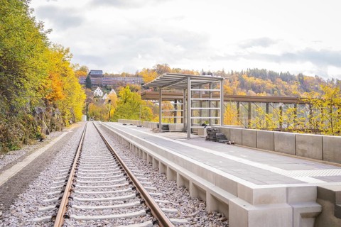 Modern train station in autumn, surrounded by colorful trees, empty tracks, ZOB Calw, Hermann