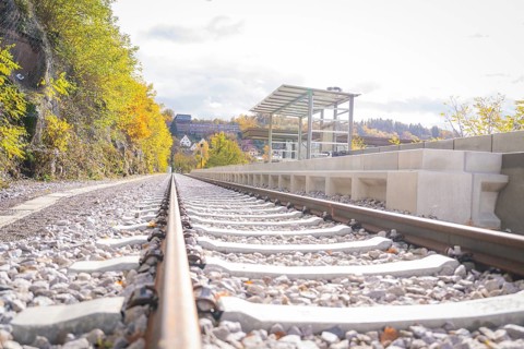 Railway system in autumn with a view of the platform and the surrounding area, ZOB Calw, Hermann