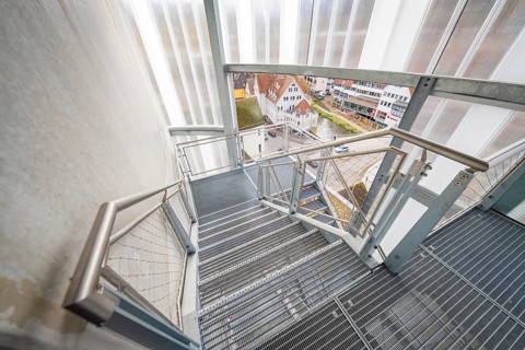 Industrial-style staircase with views of houses and roads, ZOB Calw, Hermann Hessebahn, Calw,