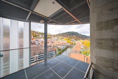 Viewing area with view of autumnal town and hills, ZOB Calw, Hermann Hessebahn, Calw, Germany