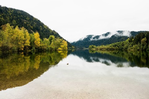 Picturesque mountain lake in autumn, Lac de Longemer, Xonrupt-Longemer, Vosges, Alsace-Lorraine,