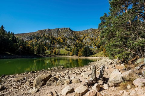 Picturesque mountain lake in autumn, Lac de Forlet, Lac des Truites, Col de la Schlucht, Vosges,