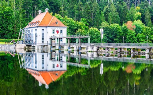 Power plant at lake Höllsteinsee, river Black Regen, region Regen, National Park Bavarian Forest,