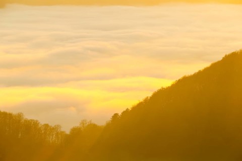 Inversion weather, fog, sunset, autumn, Breitenstein, Ochsenwang, Swabian Alps, Baden-Württemberg,