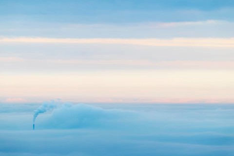 Inversion weather, fog, sunrise, autumn, view from Breitenstein of smoking chimney sticking out of