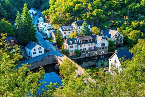 Esch-Sur-Sure, aerial view, old historical city, hilly mountains of the Ardennes, Kanton Wiltz,