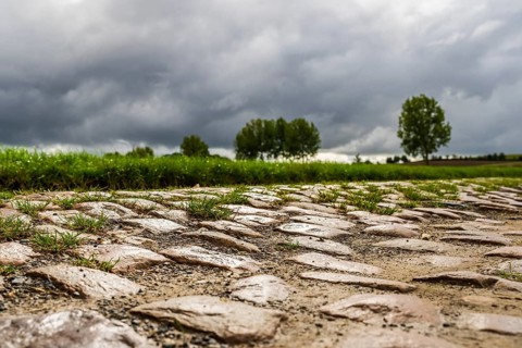 Pave, Mons-en-Pevele, Cobblestones at the cycling classic Paris to Roubaix, Departement North,