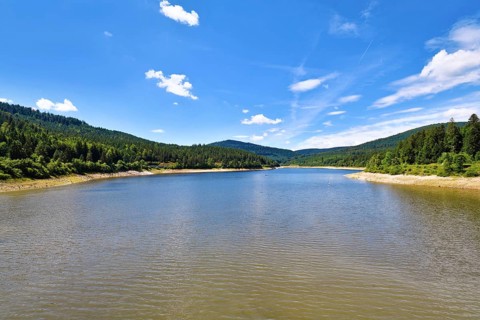 Beautiful mountain lake in the Black Forest in Forbach in Germany called Schwarzenbach Reservoir
