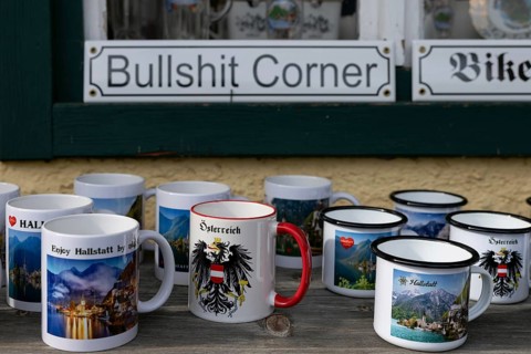 Souvenirs for tourists, detail, cups, Hallstatt, Upper Austria, Salzkammergut, Austria. 29.10.2025