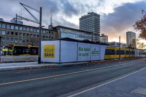 Construction site of the stop at the main train station, for the new city railway, visualization of