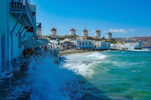 Mykonos, Cyclades, Greece - The six sixteenth-century windmills, lined up on a hill above Mykonos