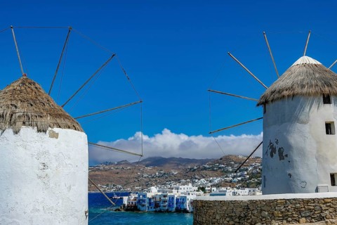Mykonos, Cyclades, Greece - The six sixteenth-century windmills, lined up on a hill above Mykonos