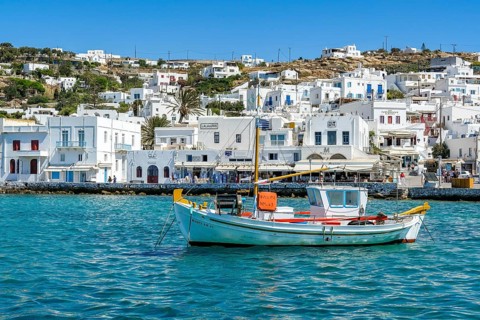 Mykonos, Cyclades, Greece - fishing boats are moored in the old port of Mykonos Town, Mykonos Chora
