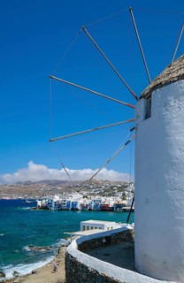 Mykonos, Cyclades, Greece - The six sixteenth-century windmills, lined up on a hill above Mykonos