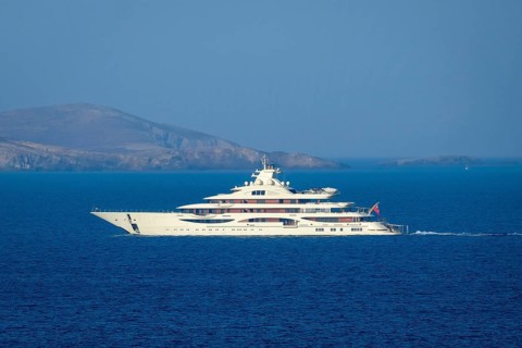 Mykonos, Cyclades, Greece - The Alaiya is a 111.5 meter long luxury motor yacht built in 2019 by