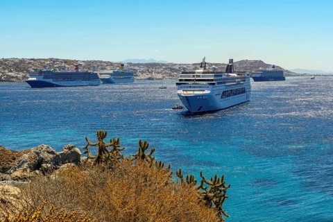 Mykonos, Cyclades, Greece - cruise ships CARNIVAL MIRACLE, COSTA FORTUNA, MEIN SCHIFF 5 and MSC