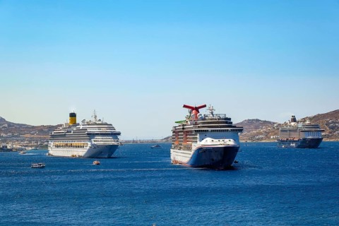 Mykonos, Cyclades, Greece - cruise ships CARNIVAL MIRACLE, COSTA FORTUNA and MEIN SCHIFF 5 are